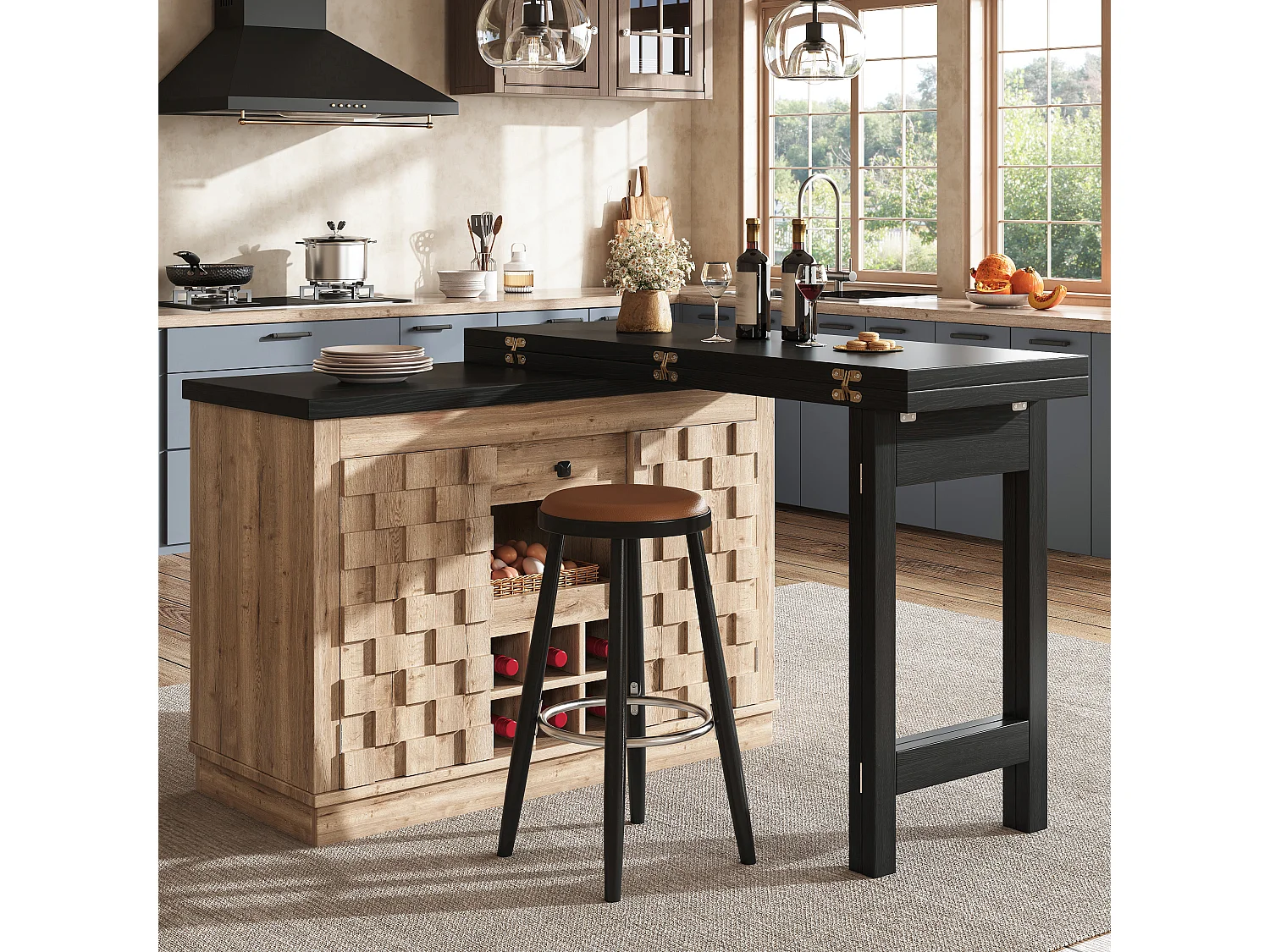 Table à manger pivotant 360° et pliable avec 6 porte-bouteilles, 2 portes et 1 tiroir - MDF et métal - 120/197 x 40 x 74,2 cm - Chêne clair