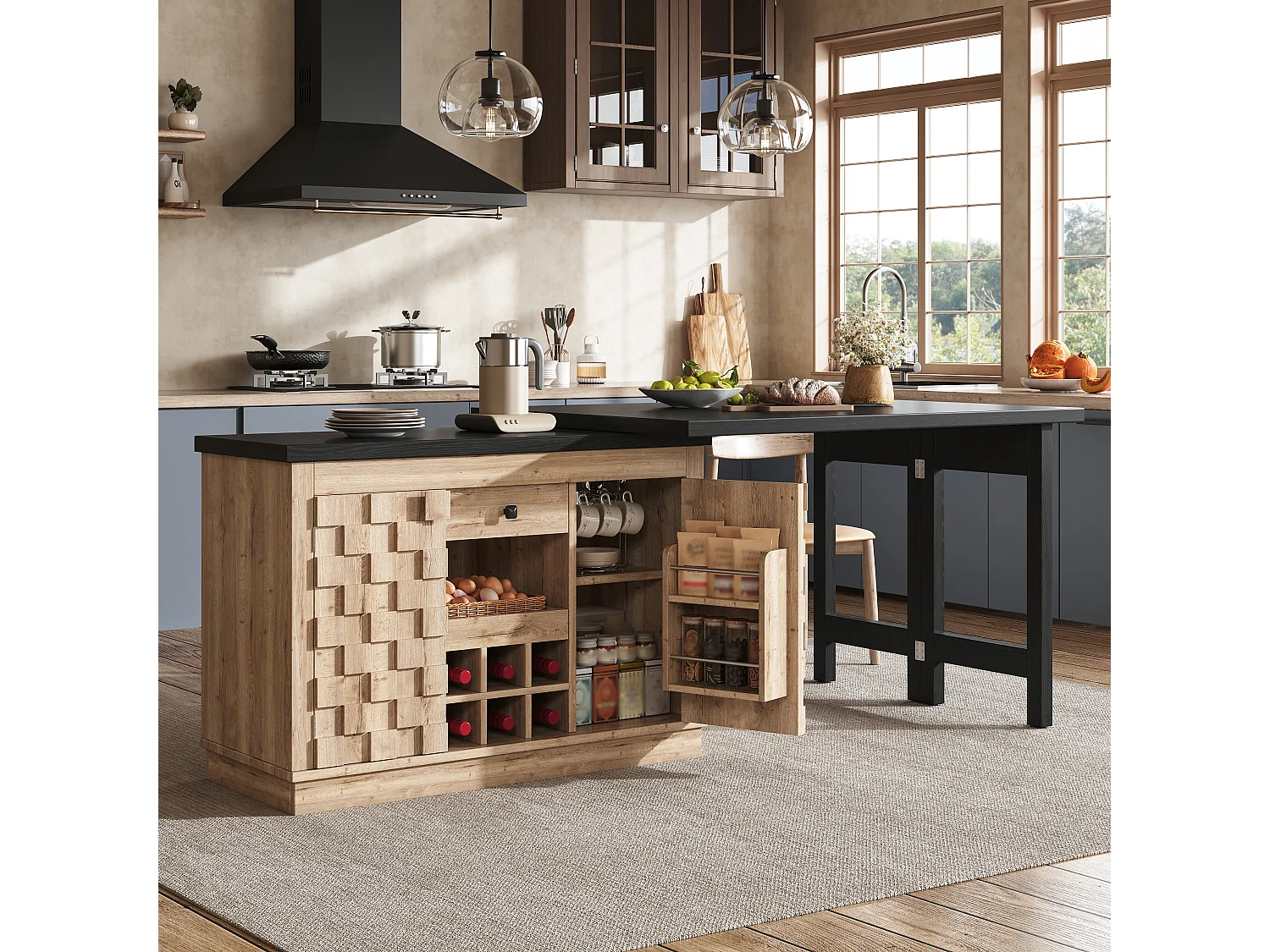 Table à manger pivotant 360° et pliable avec 6 porte-bouteilles, 2 portes et 1 tiroir - MDF et métal - 120/197 x 40 x 74,2 cm - Chêne clair