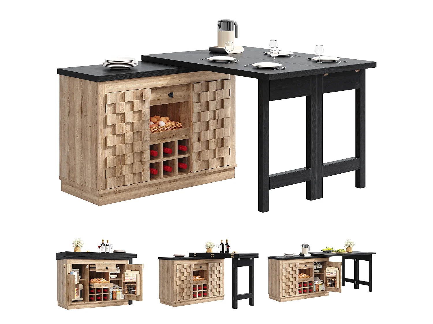 Table à manger pivotant 360° et pliable avec 6 porte-bouteilles, 2 portes et 1 tiroir - MDF et métal - 120/197 x 40 x 74,2 cm - Chêne clair
