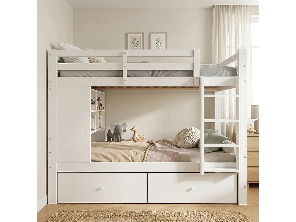 Barnvåningssäng 90 x 200 cm med 2 lådor, öppen hylla och säkerhetsgrind - Furu + MDF - Vit (Madrass ingår ej)