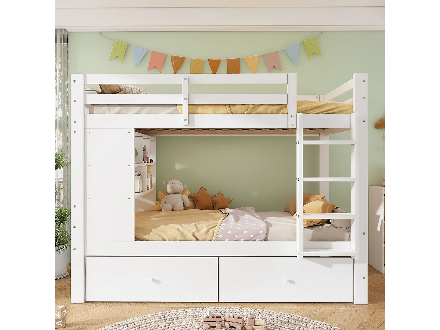 Barnvåningssäng 90 x 200 cm med 2 lådor, öppen hylla och säkerhetsgrind - Furu + MDF - Vit (Madrass ingår ej)