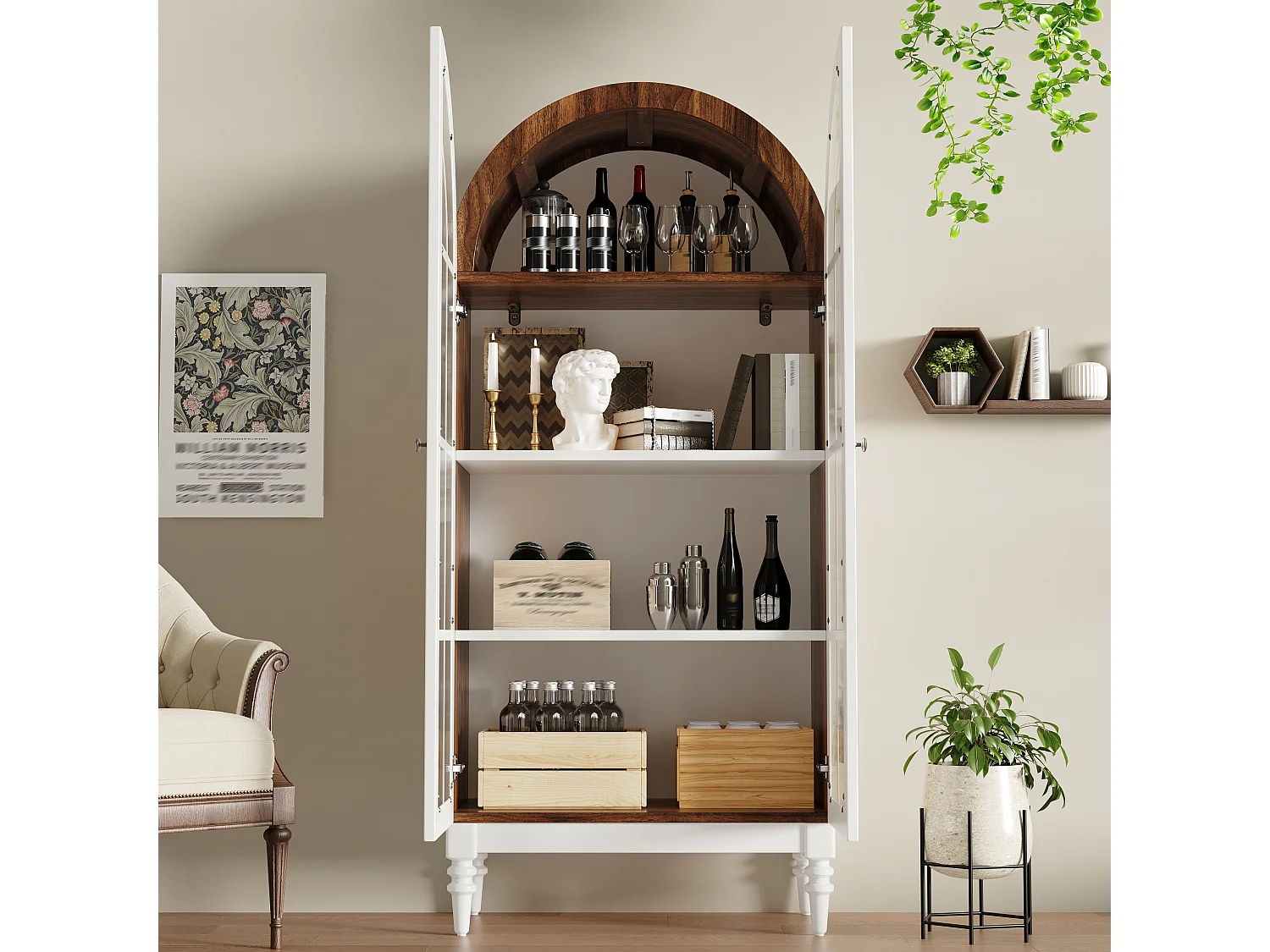 Vintage-Vitrine mit geschwungenem Bogen, zwei geriffelten Glastüren und drei Einlegeböden – MDF und Metall – 76 × 38,5 × 165 cm – Nussbaum + Weiß