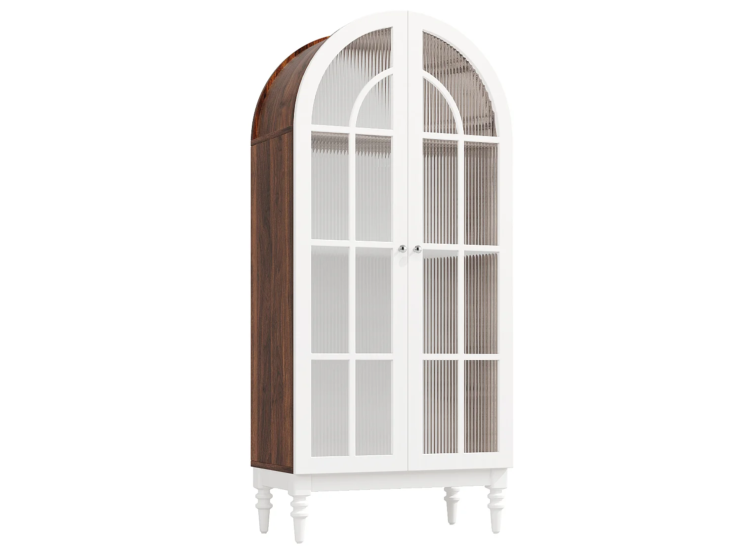 Vintage-Vitrine mit geschwungenem Bogen, zwei geriffelten Glastüren und drei Einlegeböden – MDF und Metall – 76 × 38,5 × 165 cm – Nussbaum + Weiß