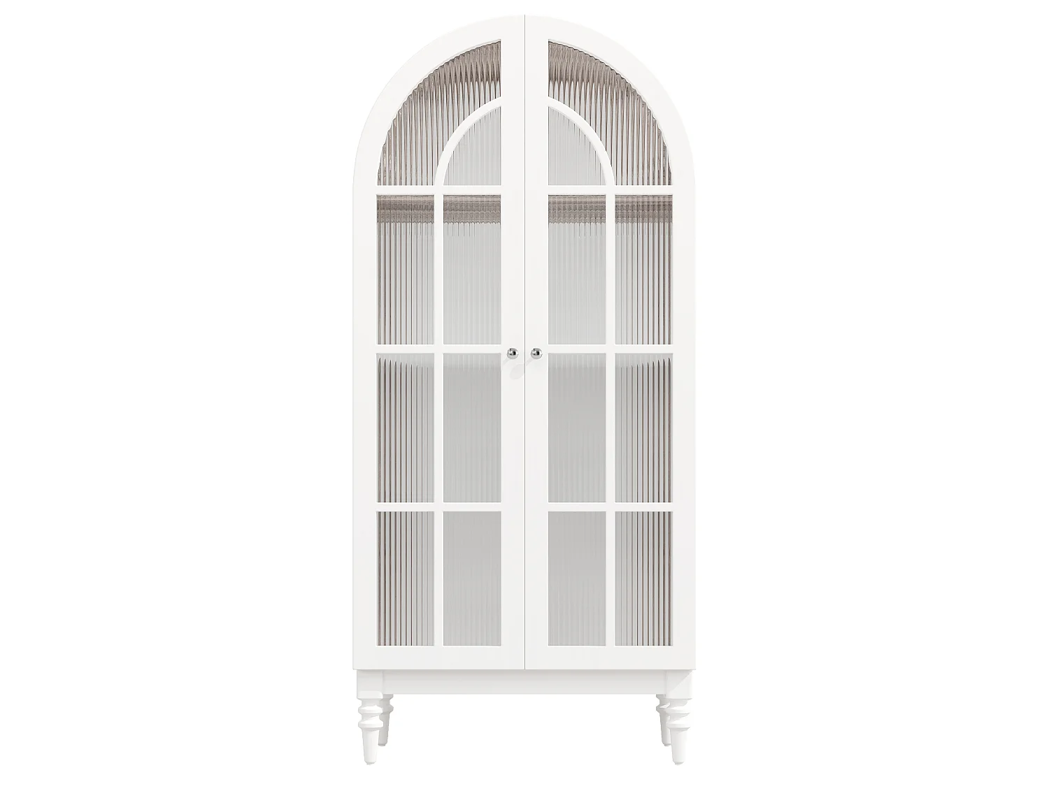 Vintage-Vitrine mit geschwungenem Bogen, zwei geriffelten Glastüren und drei Einlegeböden – MDF und Metall – 76 × 38,5 × 165 cm – Nussbaum + Weiß