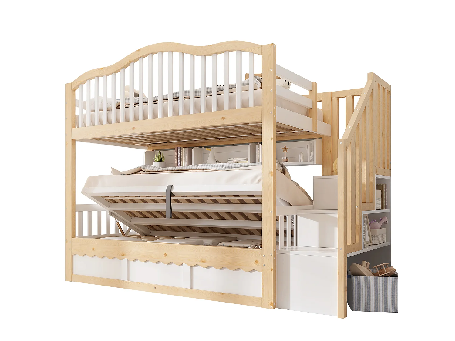 Våningssäng 2 x 90 x 200 cm med förvaringsfack, hyllor - Furu, plywood/MDF - Vit och ek (Madrass ingår ej)