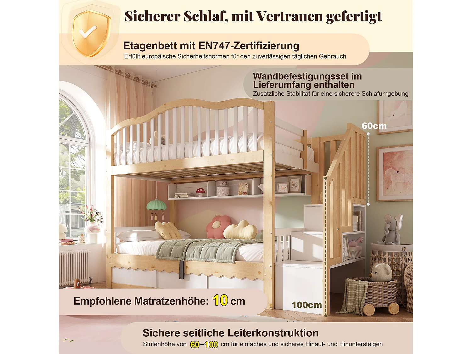 Våningssäng 2 x 90 x 200 cm med förvaringsfack, hyllor - Furu, plywood/MDF - Vit och ek (Madrass ingår ej)