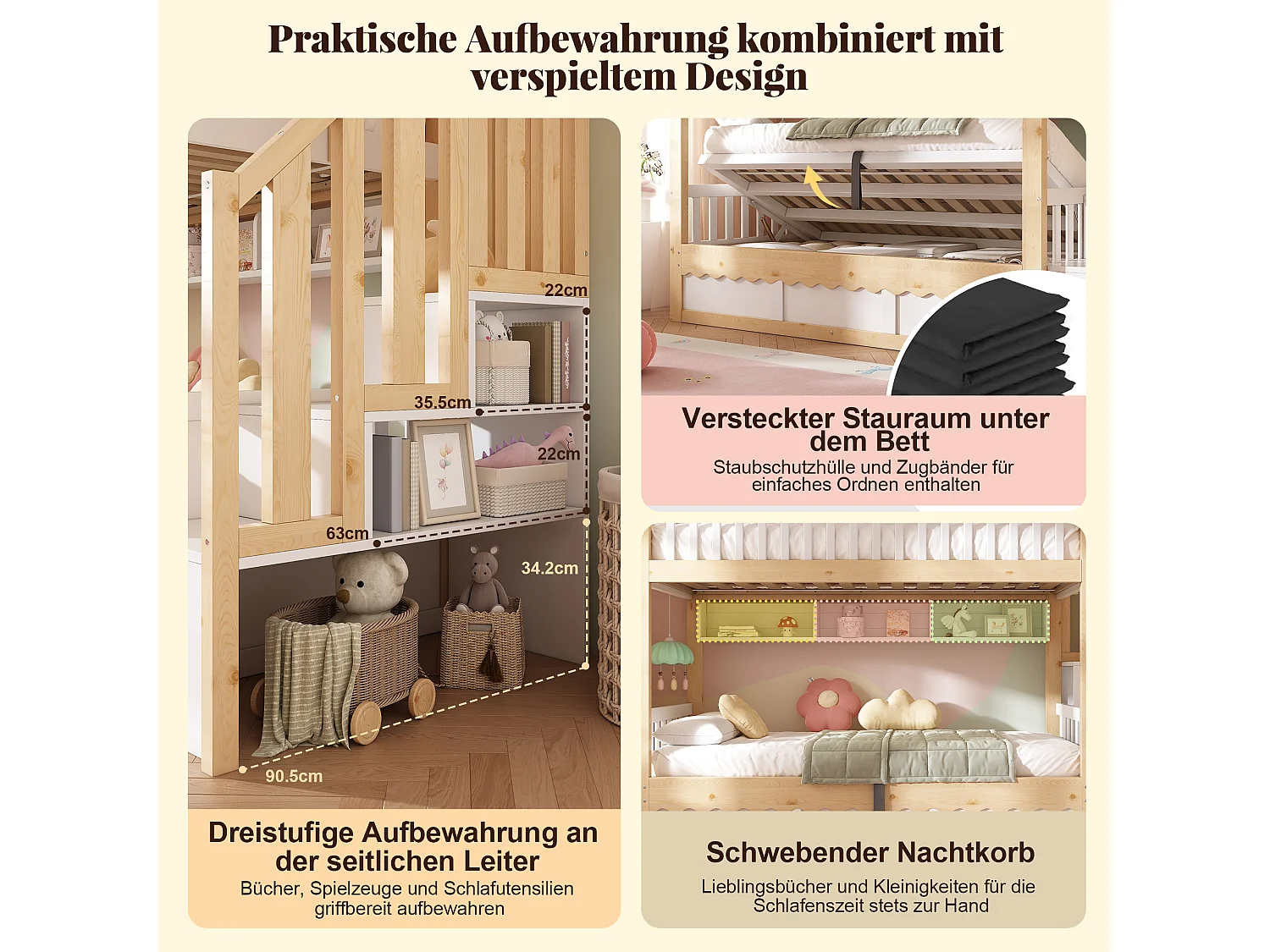 Våningssäng 2 x 90 x 200 cm med förvaringsfack, hyllor - Furu, plywood/MDF - Vit och ek (Madrass ingår ej)