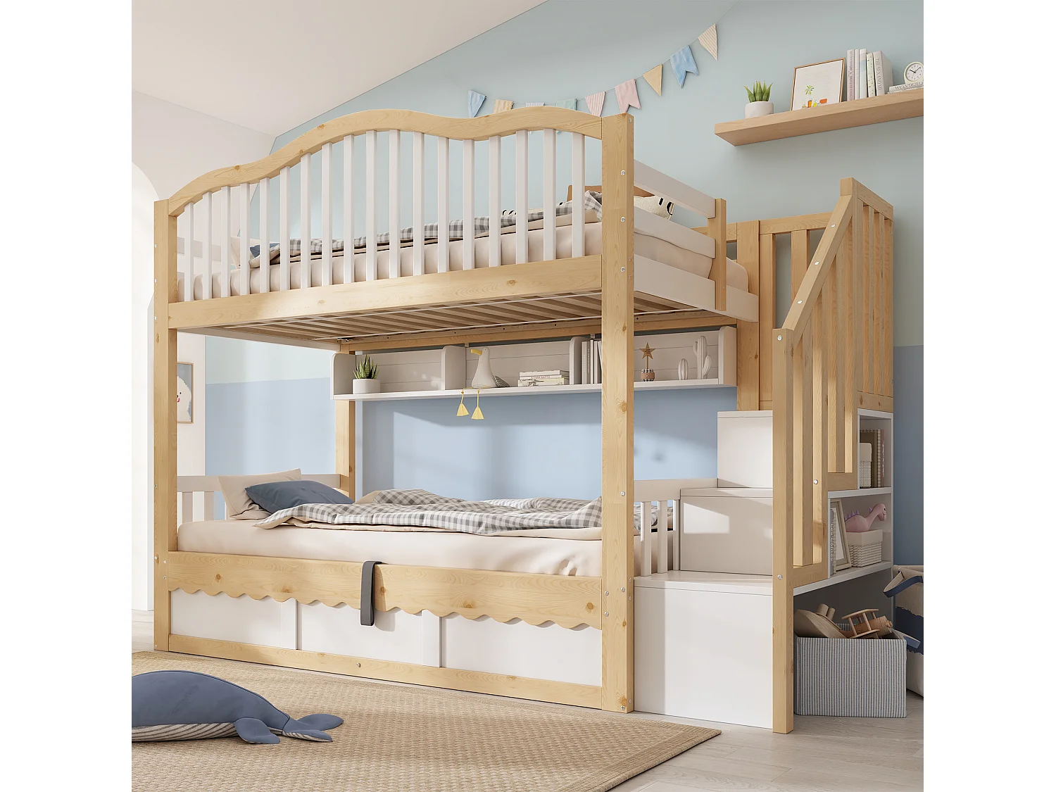 Våningssäng 2 x 90 x 200 cm med förvaringsfack, hyllor - Furu, plywood/MDF - Vit och ek (Madrass ingår ej)