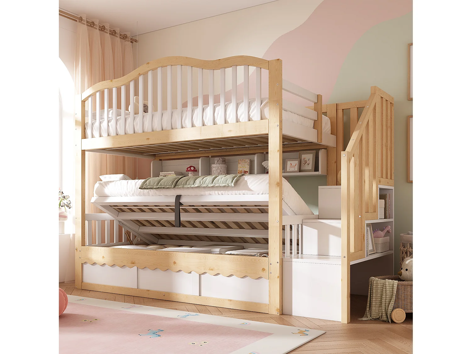 Våningssäng 2 x 90 x 200 cm med förvaringsfack, hyllor - Furu, plywood/MDF - Vit och ek (Madrass ingår ej)