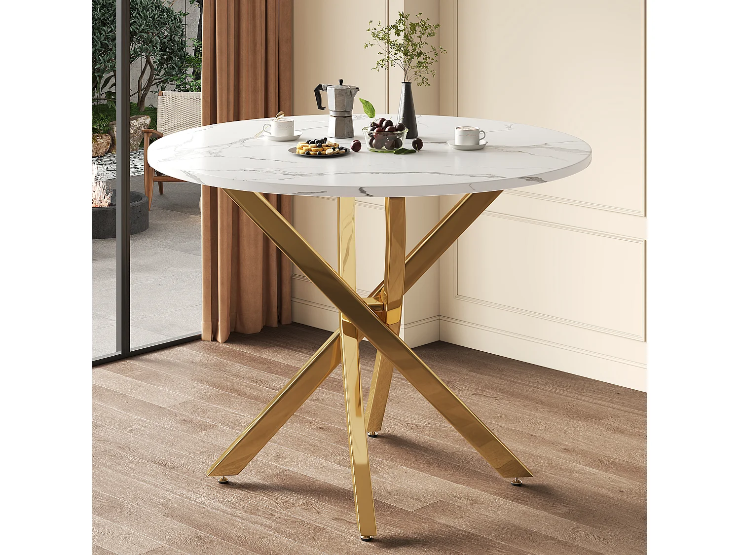 Ronde eettafel met blad in marmerlook en gekruiste poten in goudkleur - MDF en metaal - 80 x 80 x 75 cm - Goud en wit