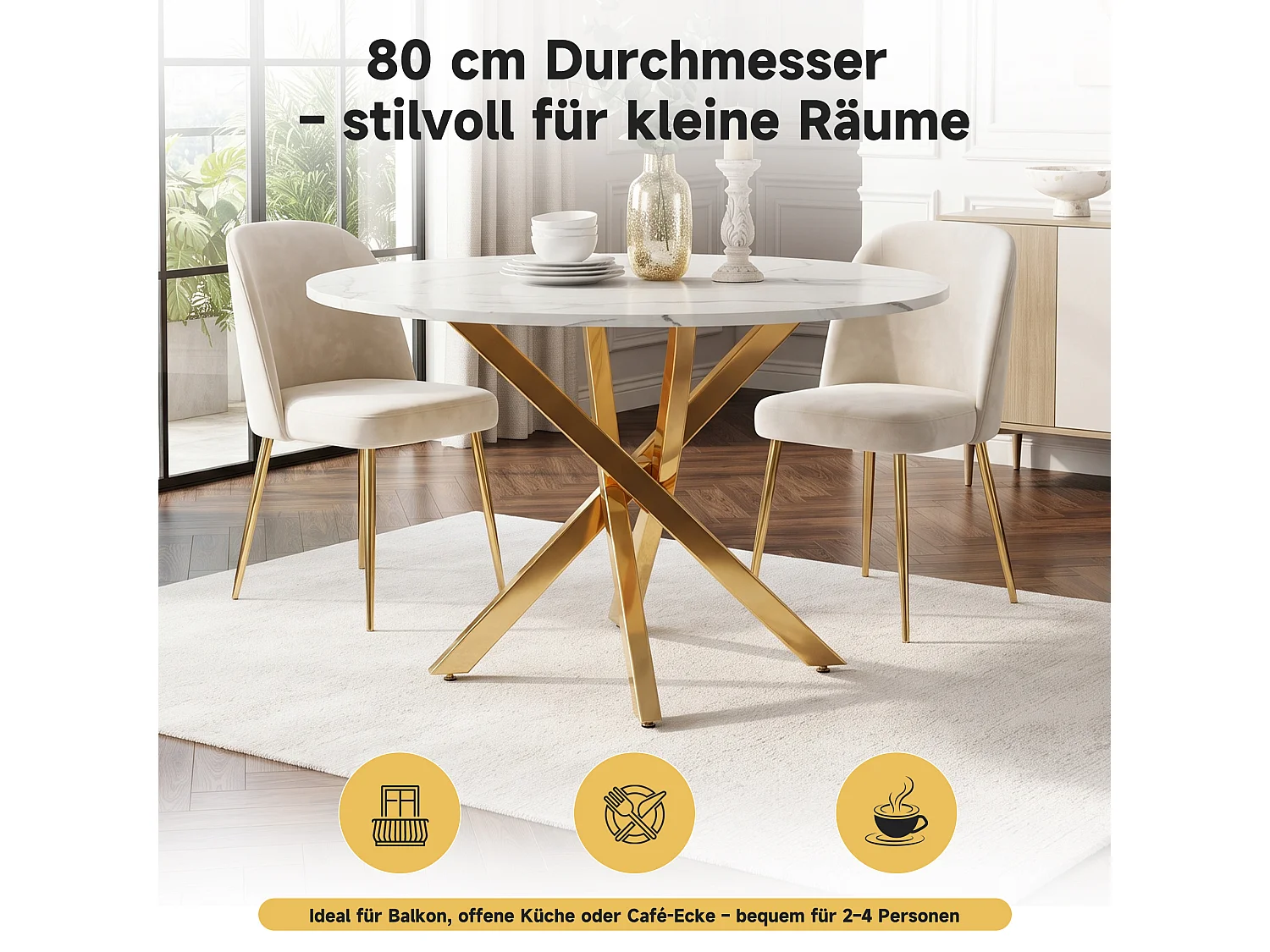 Ronde eettafel met blad in marmerlook en gekruiste poten in goudkleur - MDF en metaal - 80 x 80 x 75 cm - Goud en wit