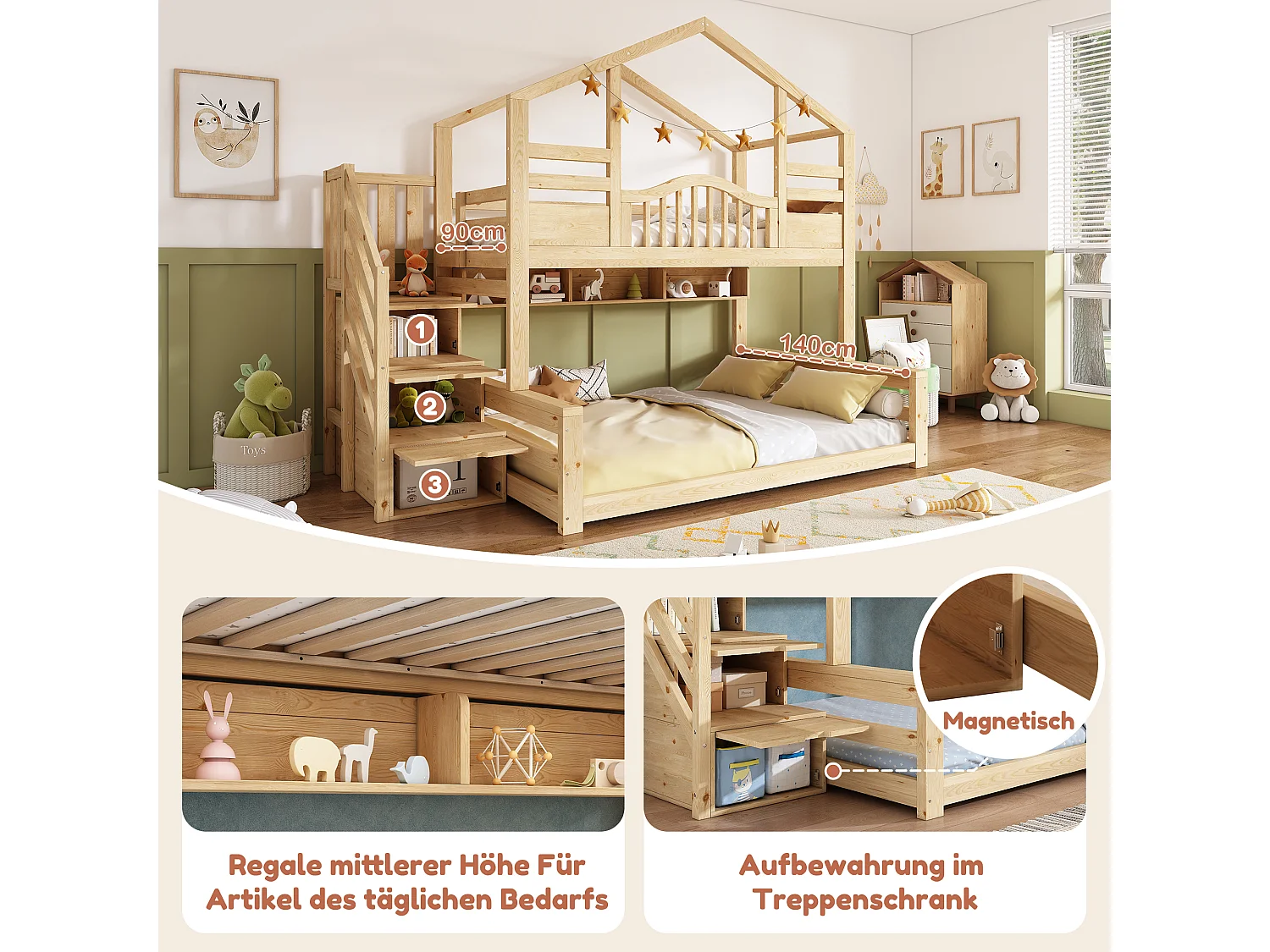 Letti a castello 90 x 200 cm + 140 x 200 cm con 3 cassetti e 3 vani - Legno massello di pino + MDF + LVL - Finitura naturale chiara (Materassi non inclusi)