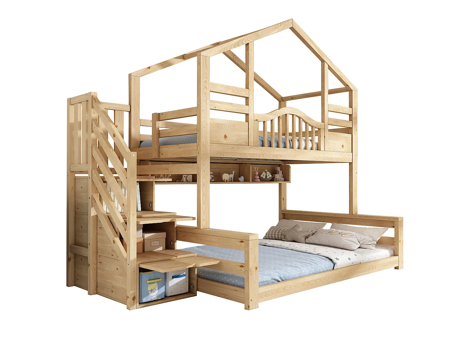 Letti a castello 90 x 200 cm + 140 x 200 cm con 3 cassetti e 3 vani - Legno massello di pino + MDF + LVL - Finitura naturale chiara (Materassi non inclusi)