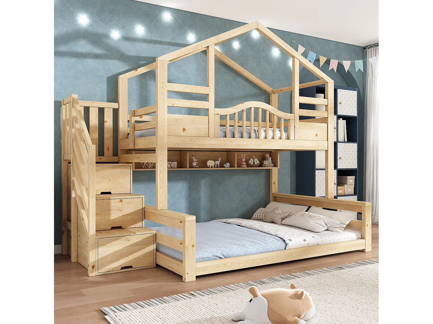 Letti a castello 90 x 200 cm + 140 x 200 cm con 3 cassetti e 3 vani - Legno massello di pino + MDF + LVL - Finitura naturale chiara (Materassi non inclusi)