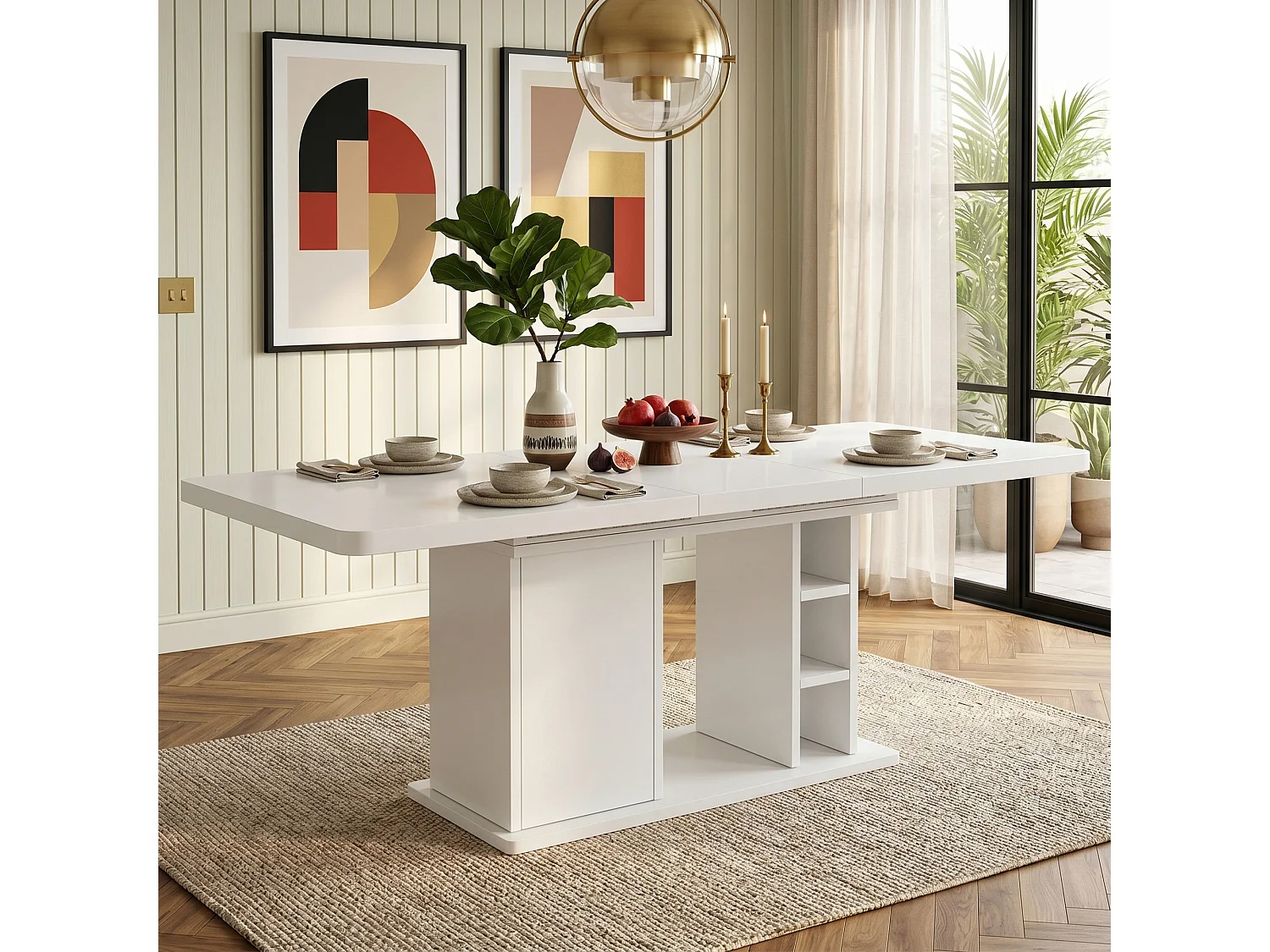 Rozkładany stół jadalny z 1 drzwiami i otwartymi przegródkami - MDF - 140-180 x 80 x 75 cm - biały