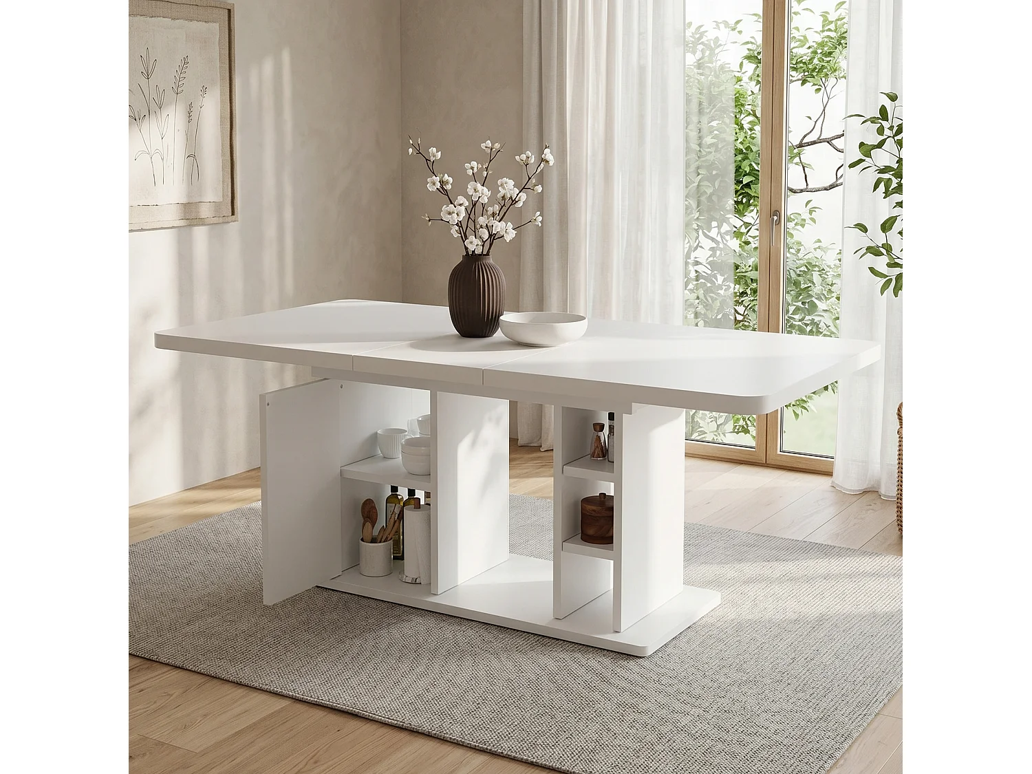 Rozkładany stół jadalny z 1 drzwiami i otwartymi przegródkami - MDF - 140-180 x 80 x 75 cm - biały