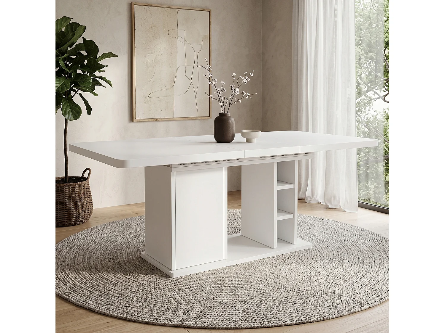 Rozkładany stół jadalny z 1 drzwiami i otwartymi przegródkami - MDF - 140-180 x 80 x 75 cm - biały