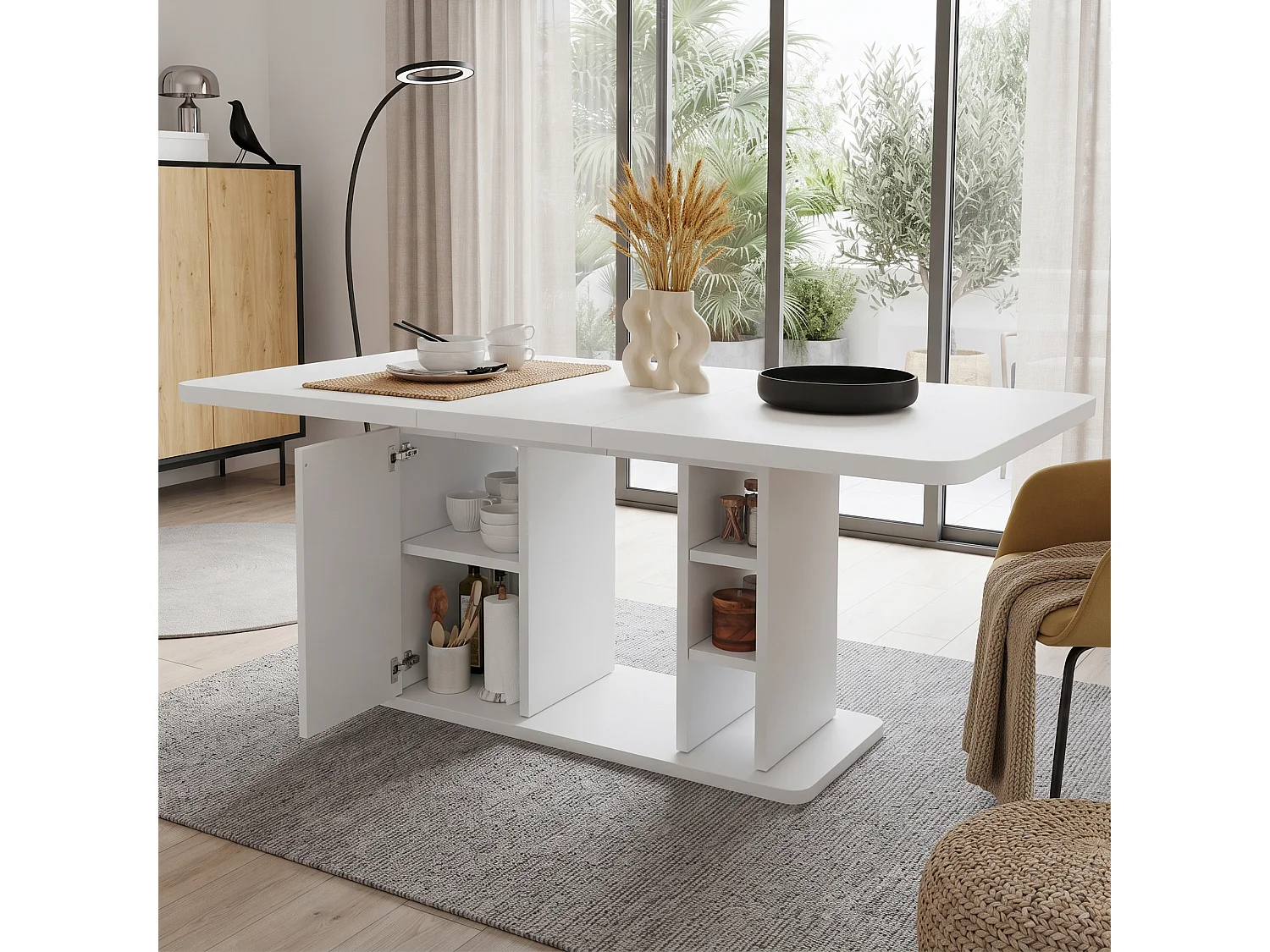 Rozkładany stół jadalny z 1 drzwiami i otwartymi przegródkami - MDF - 140-180 x 80 x 75 cm - biały