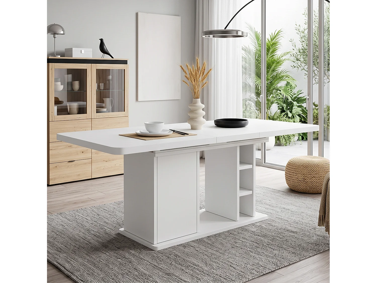 Rozkładany stół jadalny z 1 drzwiami i otwartymi przegródkami - MDF - 140-180 x 80 x 75 cm - biały