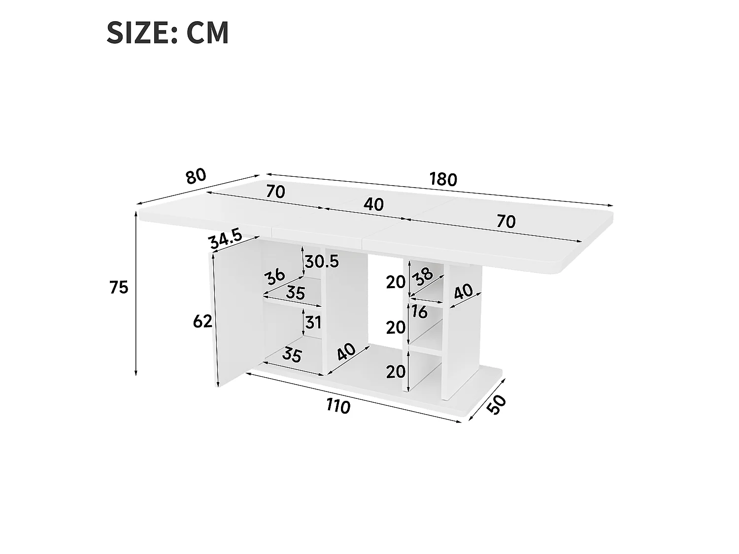 Rozkładany stół jadalny z 1 drzwiami i otwartymi przegródkami - MDF - 140-180 x 80 x 75 cm - biały