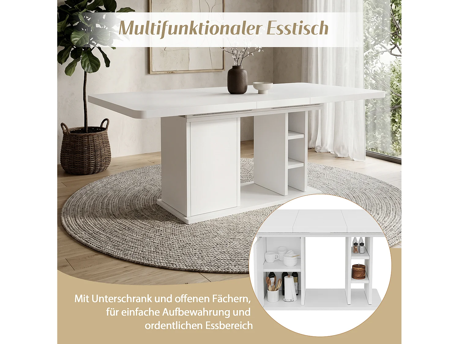 Rozkładany stół jadalny z 1 drzwiami i otwartymi przegródkami - MDF - 140-180 x 80 x 75 cm - biały