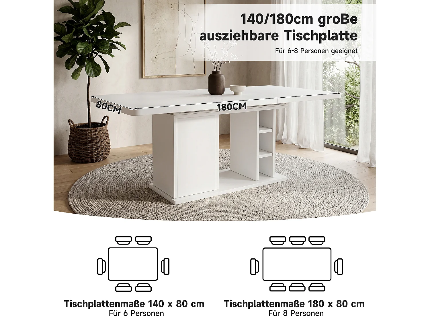 Rozkładany stół jadalny z 1 drzwiami i otwartymi przegródkami - MDF - 140-180 x 80 x 75 cm - biały