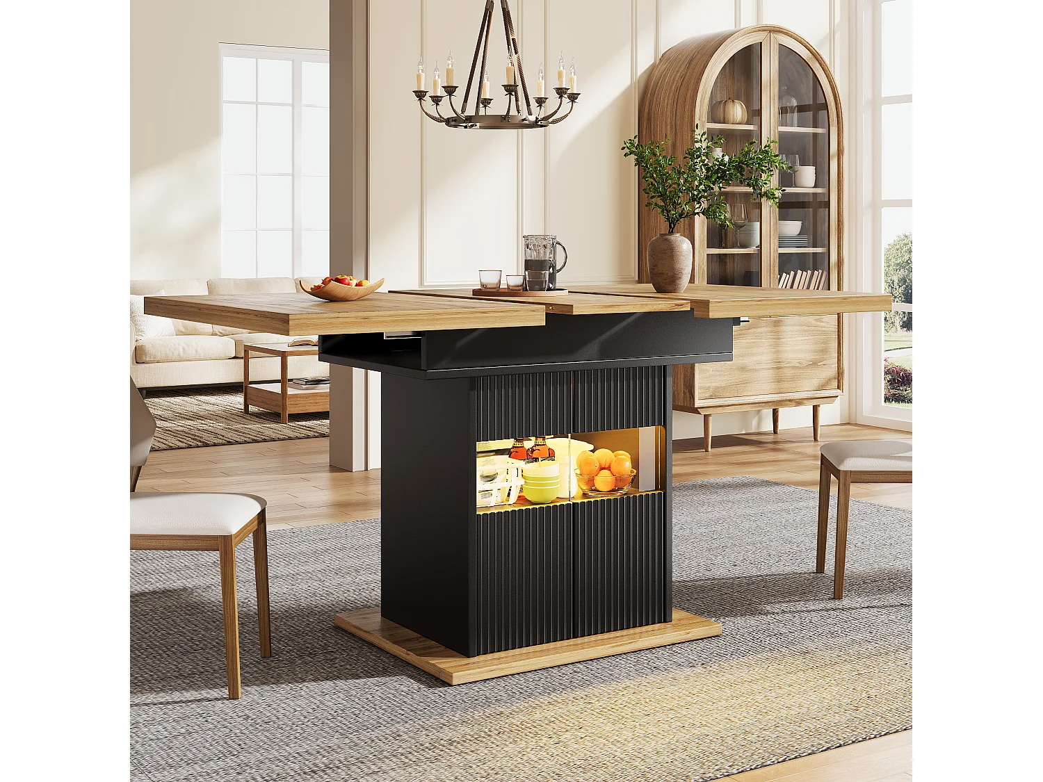 Table à manger extensible avec LED, 2 portes et étagère réglable - MDF/métal - 110-140 x 80 x 76 cm - Noir + bois
