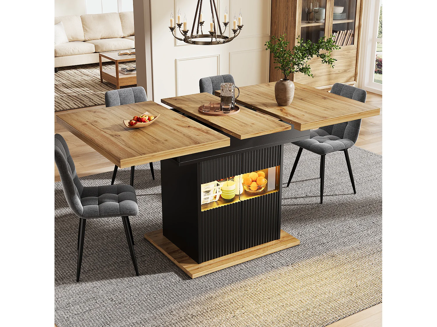 Table à manger extensible avec LED, 2 portes et étagère réglable - MDF/métal - 110-140 x 80 x 76 cm - Noir + bois