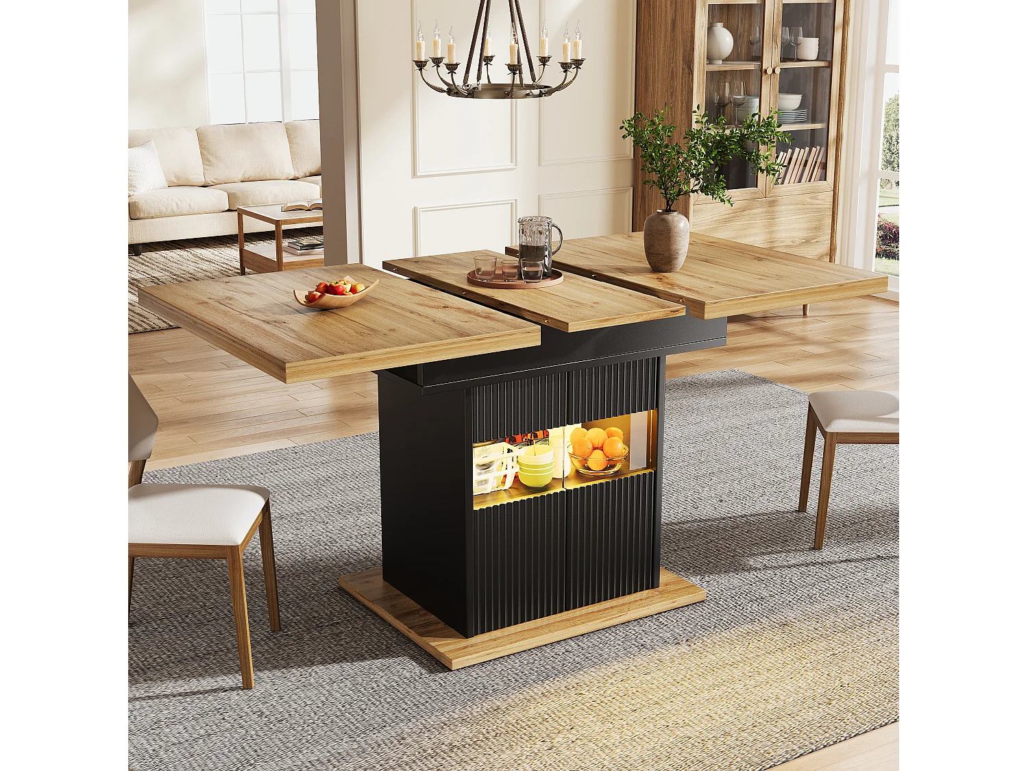 Table à manger extensible avec LED, 2 portes et étagère réglable - MDF/métal - 110-140 x 80 x 76 cm - Noir + bois