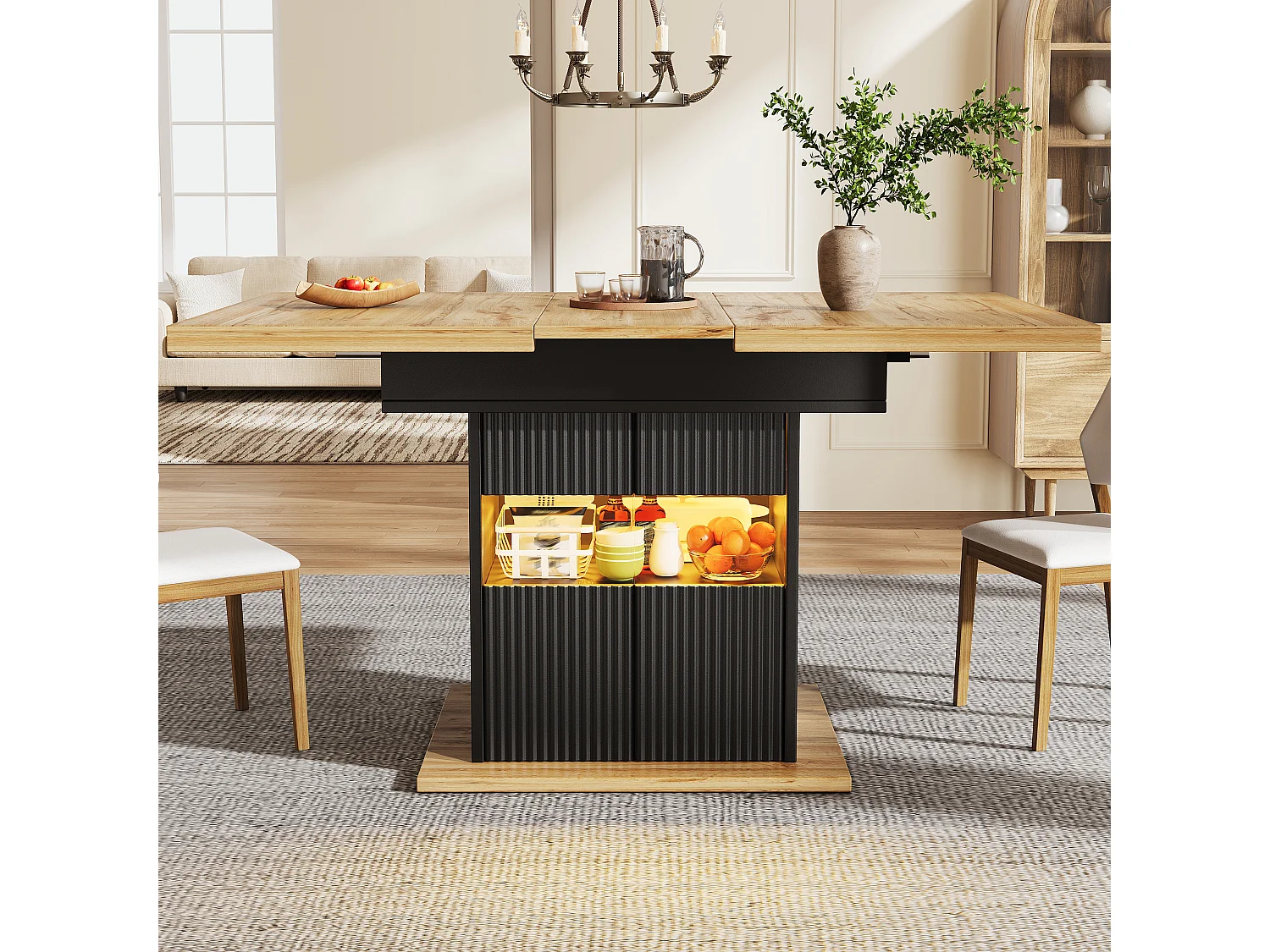 Table à manger extensible avec LED, 2 portes et étagère réglable - MDF/métal - 110-140 x 80 x 76 cm - Noir + bois