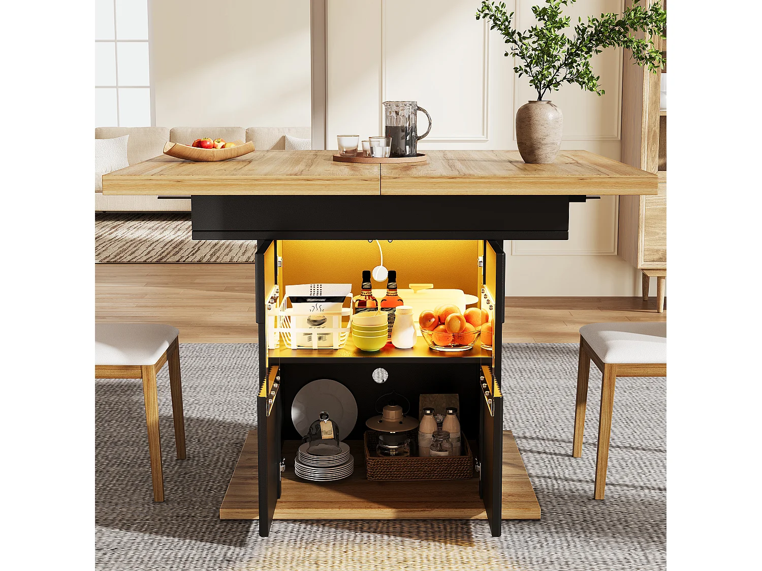 Table à manger extensible avec LED, 2 portes et étagère réglable - MDF/métal - 110-140 x 80 x 76 cm - Noir + bois
