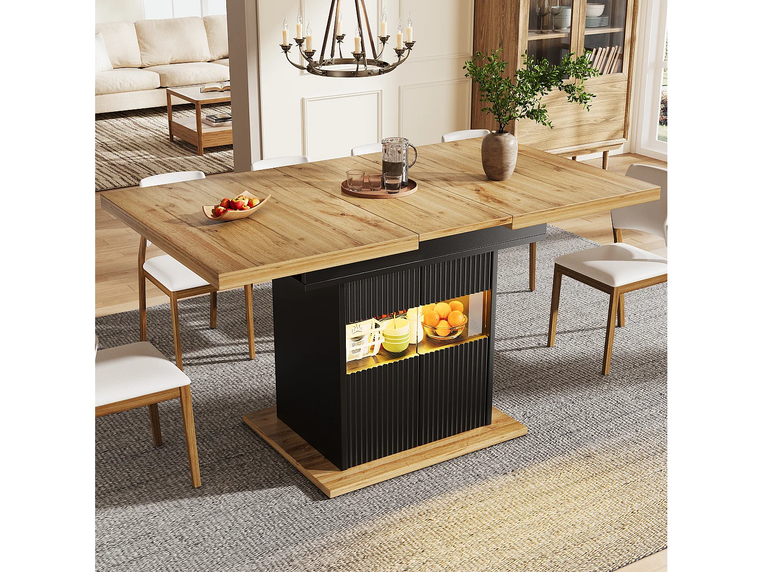 Table à manger extensible avec LED, 2 portes et étagère réglable - MDF/métal - 110-140 x 80 x 76 cm - Noir + bois