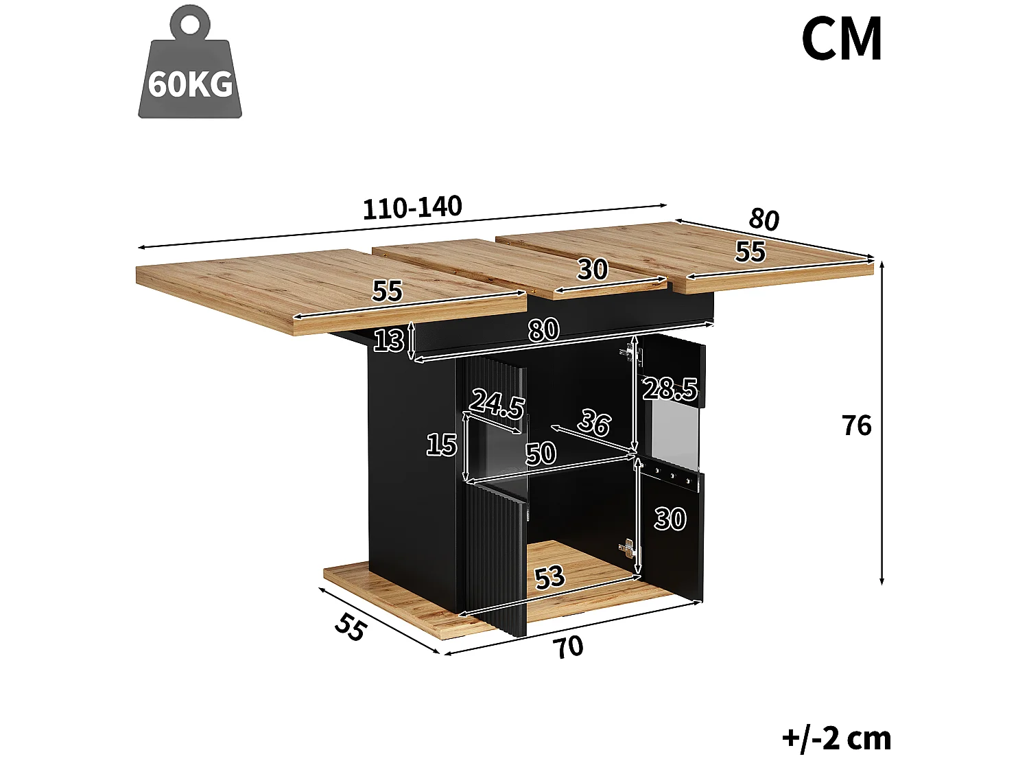 Table à manger extensible avec LED, 2 portes et étagère réglable - MDF/métal - 110-140 x 80 x 76 cm - Noir + bois