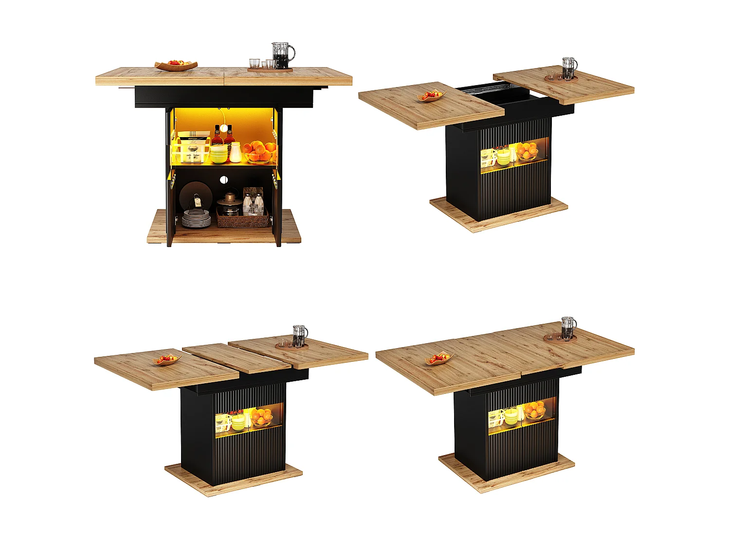 Table à manger extensible avec LED, 2 portes et étagère réglable - MDF/métal - 110-140 x 80 x 76 cm - Noir + bois