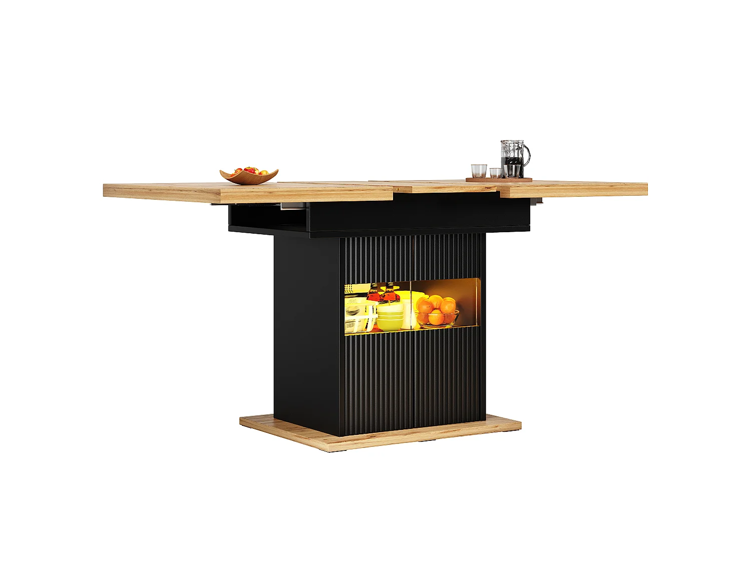 Table à manger extensible avec LED, 2 portes et étagère réglable - MDF/métal - 110-140 x 80 x 76 cm - Noir + bois