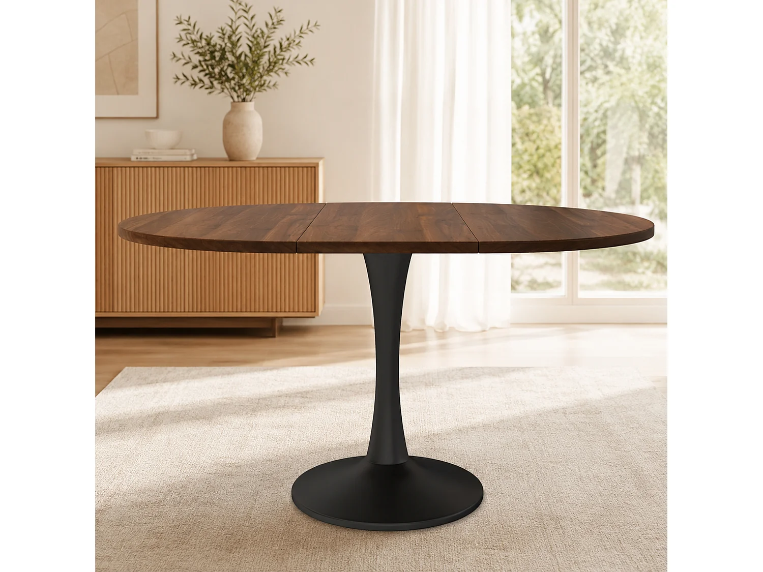 Table à manger ovale extensible 4 à 6 couverts, table multifonctionnelle gain de place - MDF et fer - 100/140 x 100 x 75 cm - Noyer