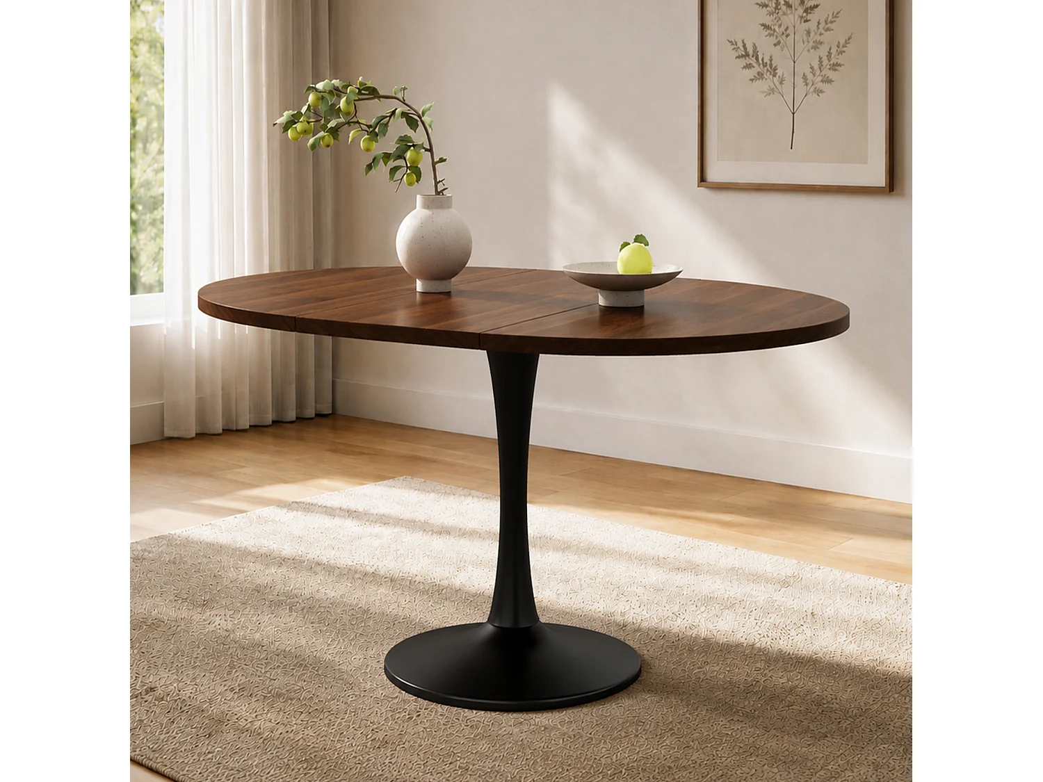 Table à manger ovale extensible 4 à 6 couverts, table multifonctionnelle gain de place - MDF et fer - 100/140 x 100 x 75 cm - Noyer
