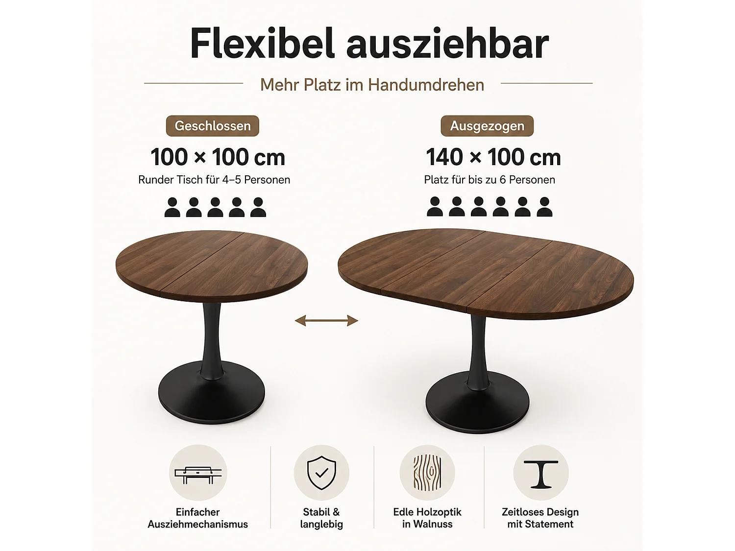 Table à manger ovale extensible 4 à 6 couverts, table multifonctionnelle gain de place - MDF et fer - 100/140 x 100 x 75 cm - Noyer