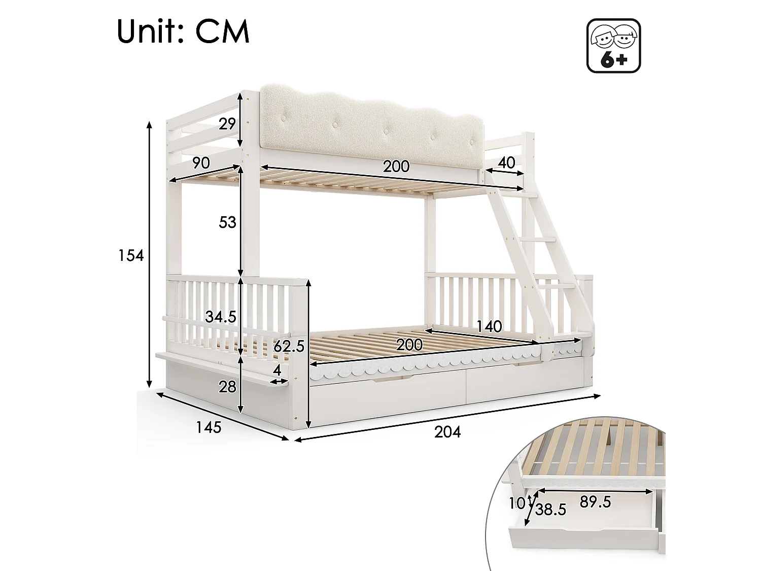 Letto a castello 90 x 200 cm + 140 x 200 cm con sponda di protezione a nuvola, 2 cassetti e portariviste – Pino, truciolato e compensato – Bianco