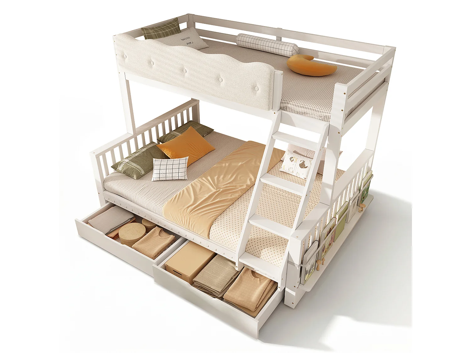 Letto a castello 90 x 200 cm + 140 x 200 cm con sponda di protezione a nuvola, 2 cassetti e portariviste – Pino, truciolato e compensato – Bianco