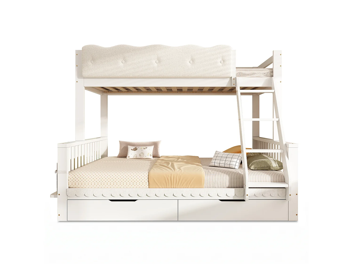 Letto a castello 90 x 200 cm + 140 x 200 cm con sponda di protezione a nuvola, 2 cassetti e portariviste – Pino, truciolato e compensato – Bianco