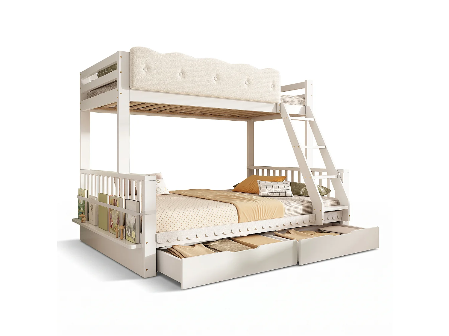 Letto a castello 90 x 200 cm + 140 x 200 cm con sponda di protezione a nuvola, 2 cassetti e portariviste – Pino, truciolato e compensato – Bianco