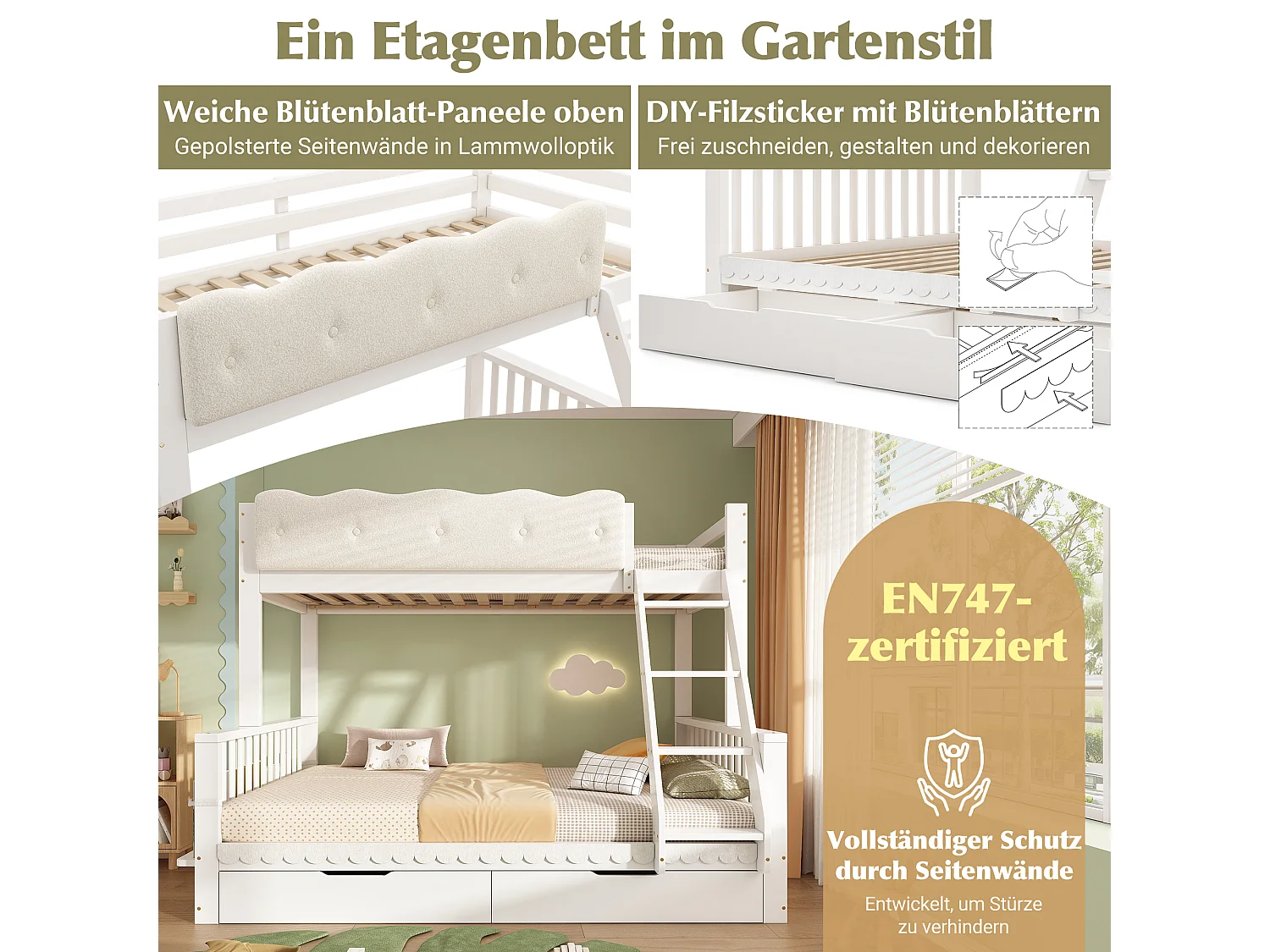 Letto a castello 90 x 200 cm + 140 x 200 cm con sponda di protezione a nuvola, 2 cassetti e portariviste – Pino, truciolato e compensato – Bianco