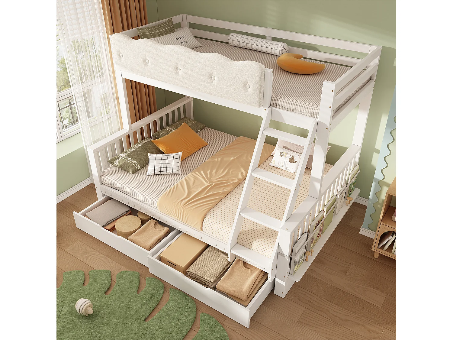 Letto a castello 90 x 200 cm + 140 x 200 cm con sponda di protezione a nuvola, 2 cassetti e portariviste – Pino, truciolato e compensato – Bianco