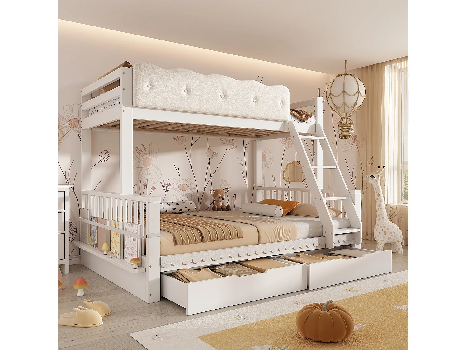Letto a castello 90 x 200 cm + 140 x 200 cm con sponda di protezione a nuvola, 2 cassetti e portariviste – Pino, truciolato e compensato – Bianco