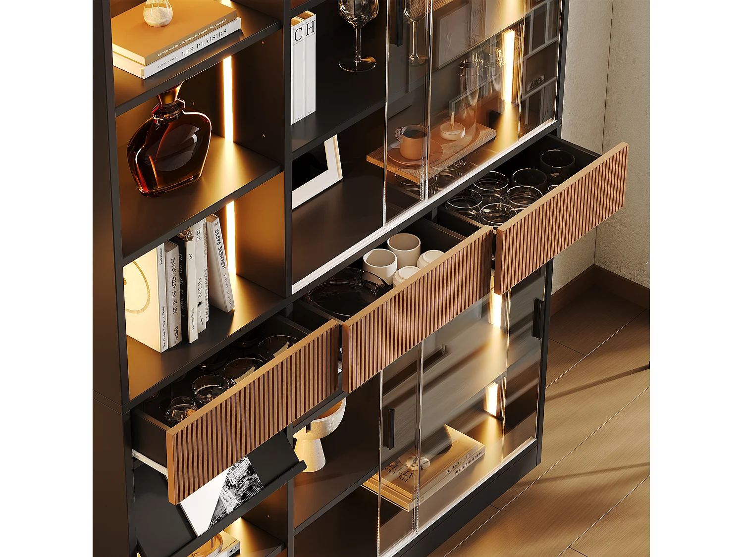 Vitrine mit LED-Beleuchtung, 4 Glasschiebetüren, 3 Schubladen und einem Klappboden – MDF und Glas – 120 x 28,5 x 180 cm – Schwarz und Braun