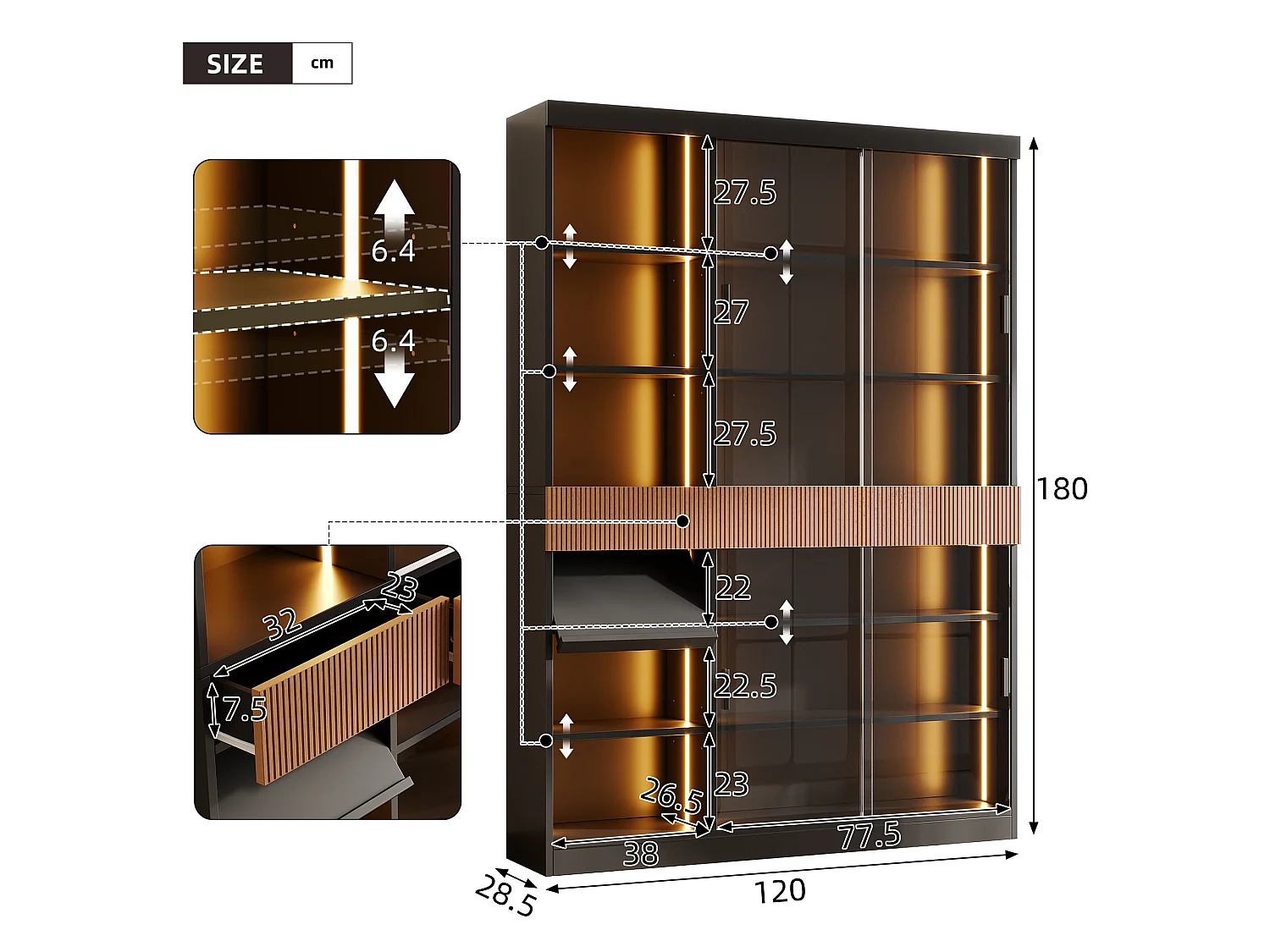 Vitrine mit LED-Beleuchtung, 4 Glasschiebetüren, 3 Schubladen und einem Klappboden – MDF und Glas – 120 x 28,5 x 180 cm – Schwarz und Braun