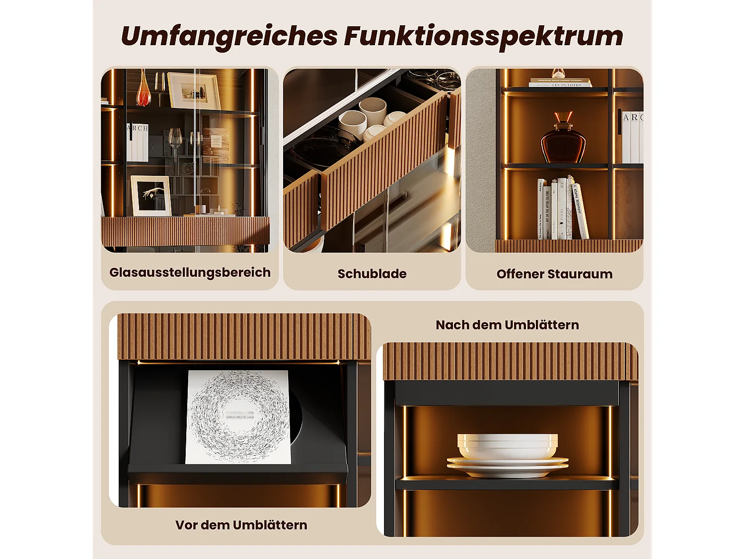 Vitrine mit LED-Beleuchtung, 4 Glasschiebetüren, 3 Schubladen und einem Klappboden – MDF und Glas – 120 x 28,5 x 180 cm – Schwarz und Braun
