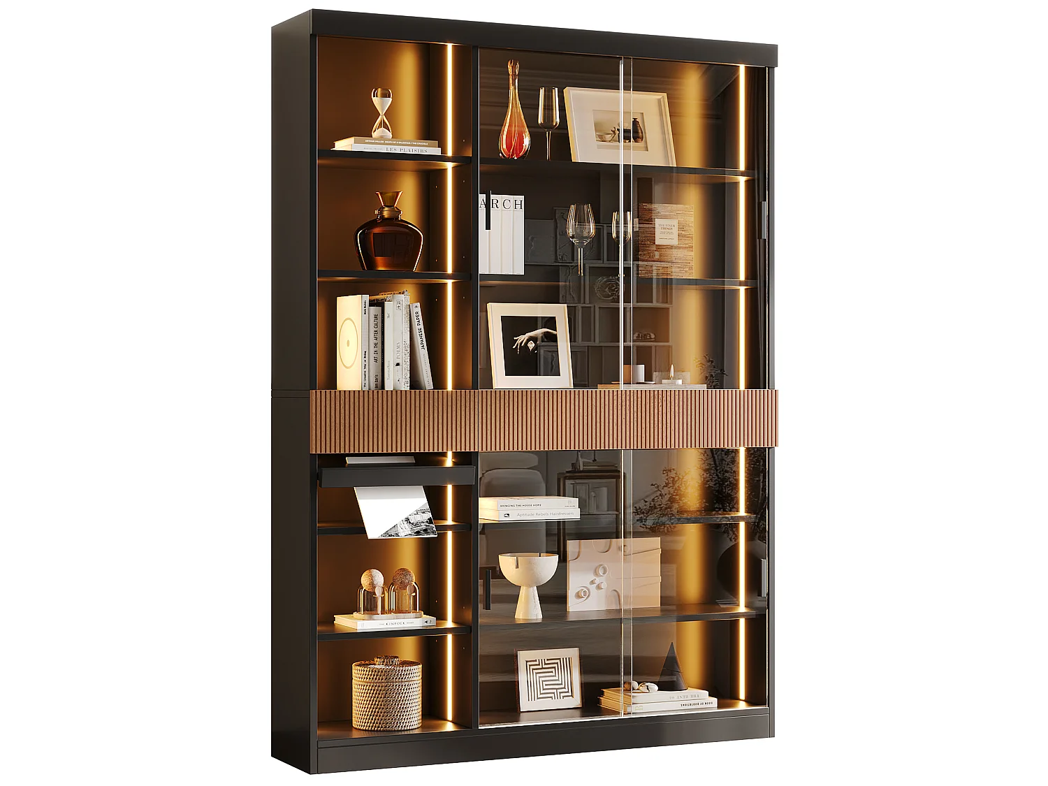 Vitrine mit LED-Beleuchtung, 4 Glasschiebetüren, 3 Schubladen und einem Klappboden – MDF und Glas – 120 x 28,5 x 180 cm – Schwarz und Braun