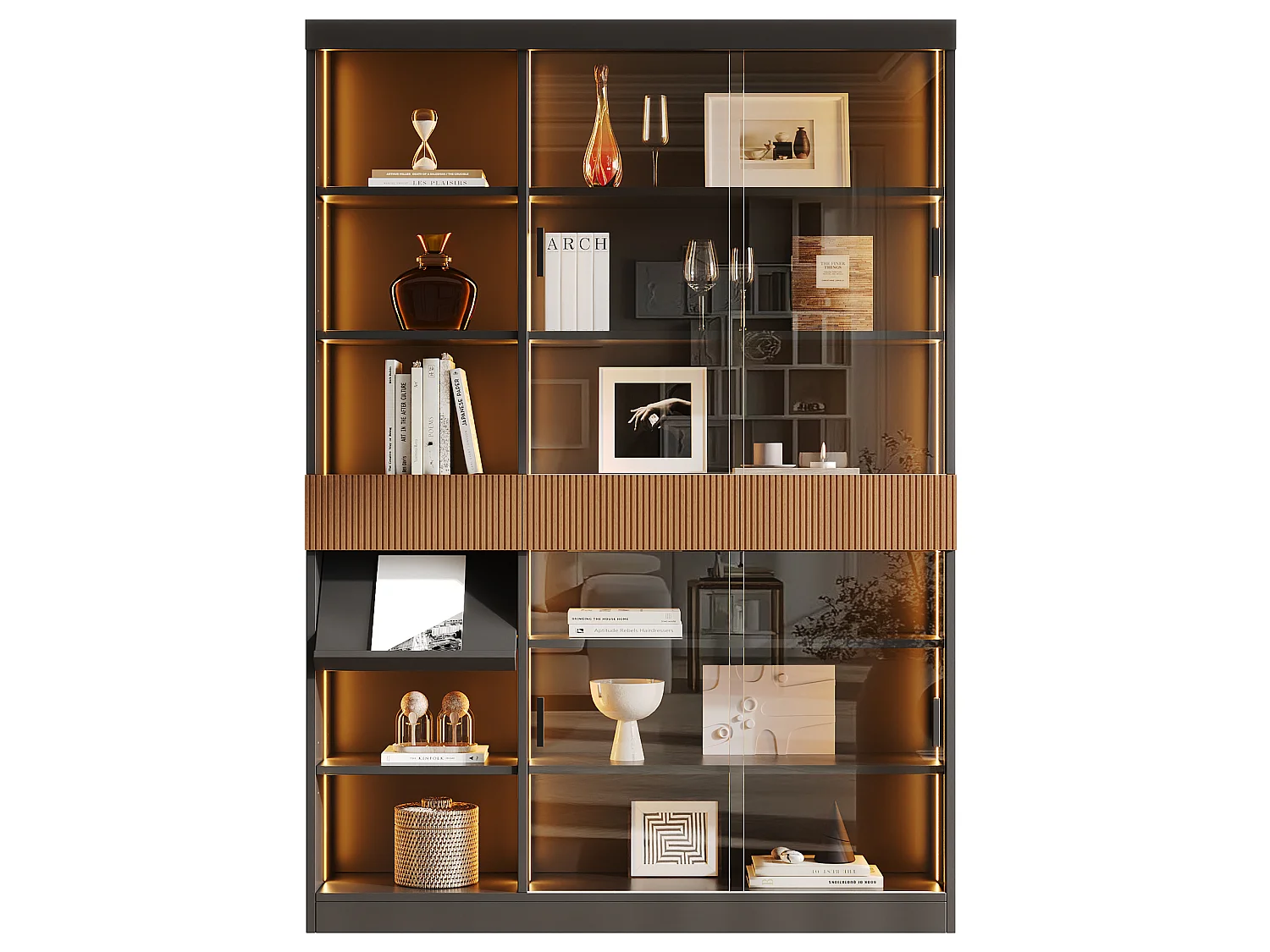 Vitrine mit LED-Beleuchtung, 4 Glasschiebetüren, 3 Schubladen und einem Klappboden – MDF und Glas – 120 x 28,5 x 180 cm – Schwarz und Braun